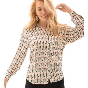 RENUAR Women's L/S Graphic Lipsticks Novelty Hidden Button Blouse Size XL NEW